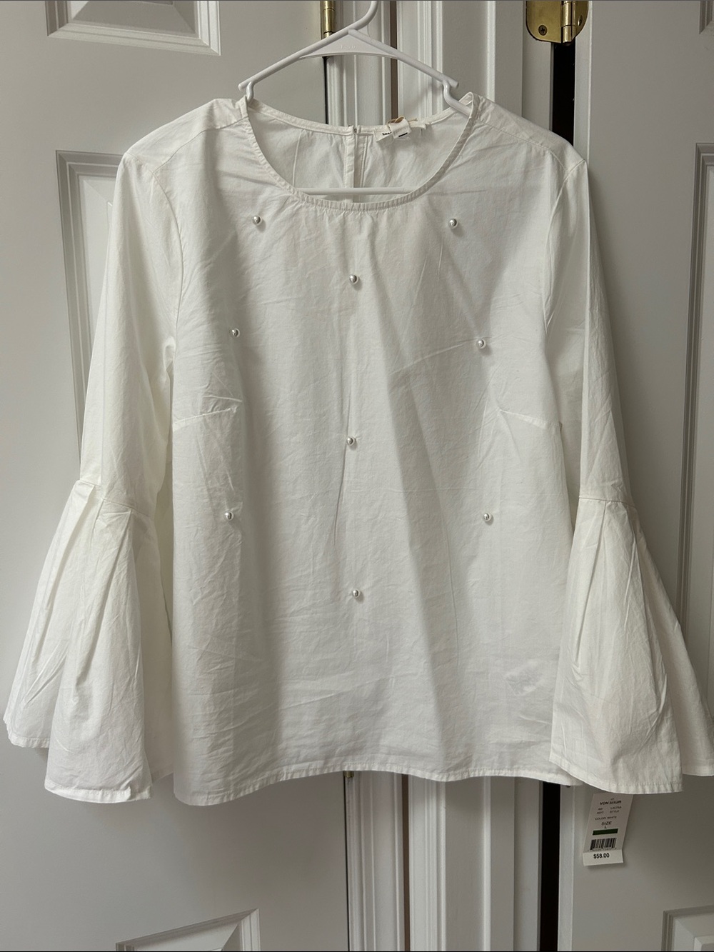 beachlunchlounge White Pearl-Accented Bell Sleeve Blouse